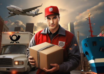 A postman holds a heavy package in the center of the image, while the three possible shipping methods can be seen in the background: a postal bus for standard shipping, a cargo plane for express shipping, and a container ship for sea freight shipping.