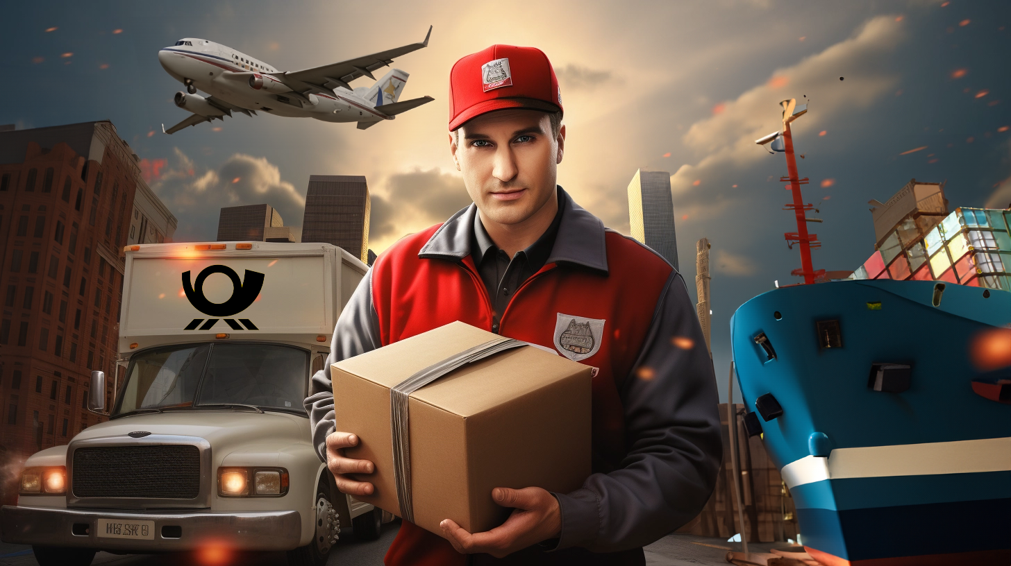 A postman holds a heavy package in the center of the image, while the three possible shipping methods can be seen in the background: a postal bus for standard shipping, a cargo plane for express shipping, and a container ship for sea freight shipping.