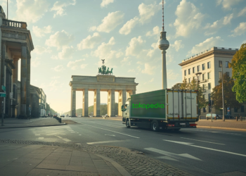 A van with the Tokopedia logo drives through the streets of Berlin, past iconic landmarks such as the Brandenburg Gate and the Berlin TV Tower. Shipping from Indonesia.