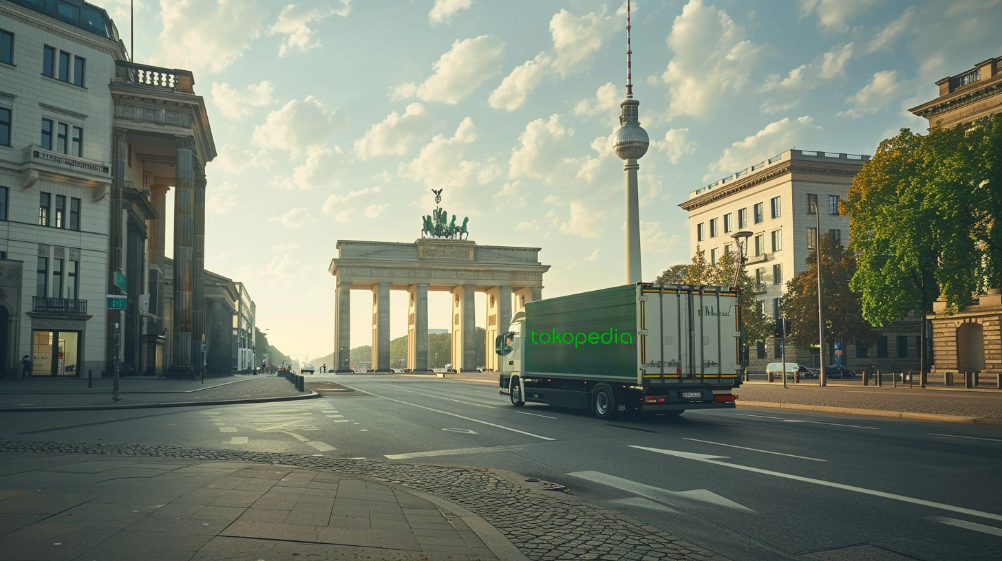A van with the Tokopedia logo drives through the streets of Berlin, past iconic landmarks such as the Brandenburg Gate and the Berlin TV Tower. Shipping from Indonesia.