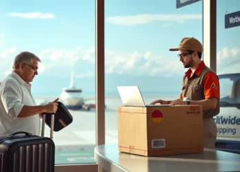 Photorealistic scene: Luggage shipping from Indonesia by air or sea freight