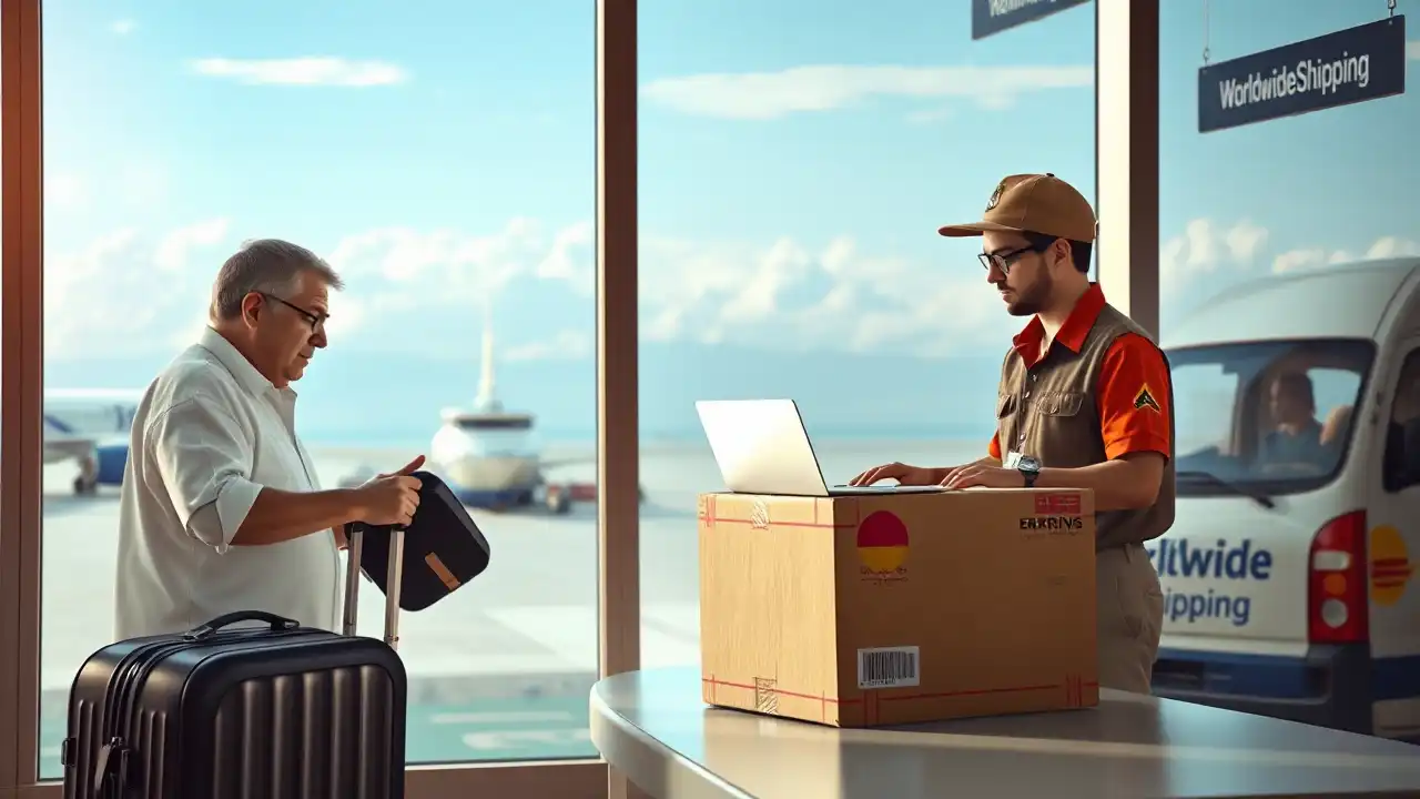 Photorealistic scene: Luggage shipping from Indonesia by air or sea freight