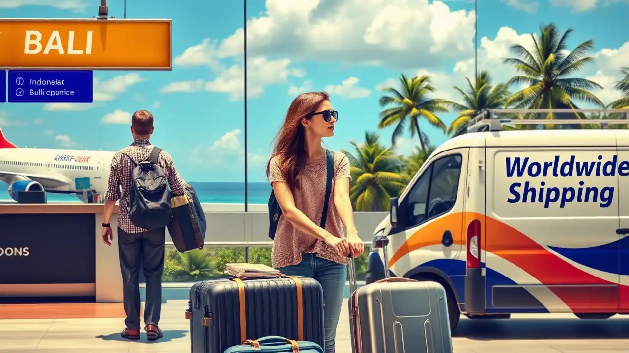 Photorealistic image: Tourists send suitcases from Indonesia using a shipping service