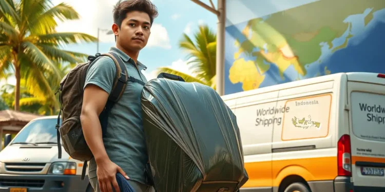 Photorealistic image: Backpacker sends backpack from Indonesia via shipping service