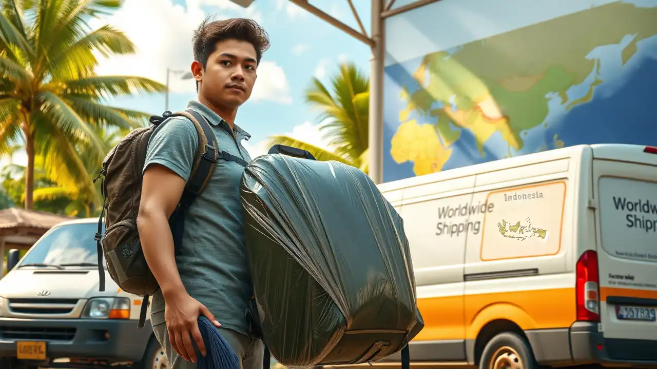 Photorealistic image: Backpacker sends backpack from Indonesia via shipping service