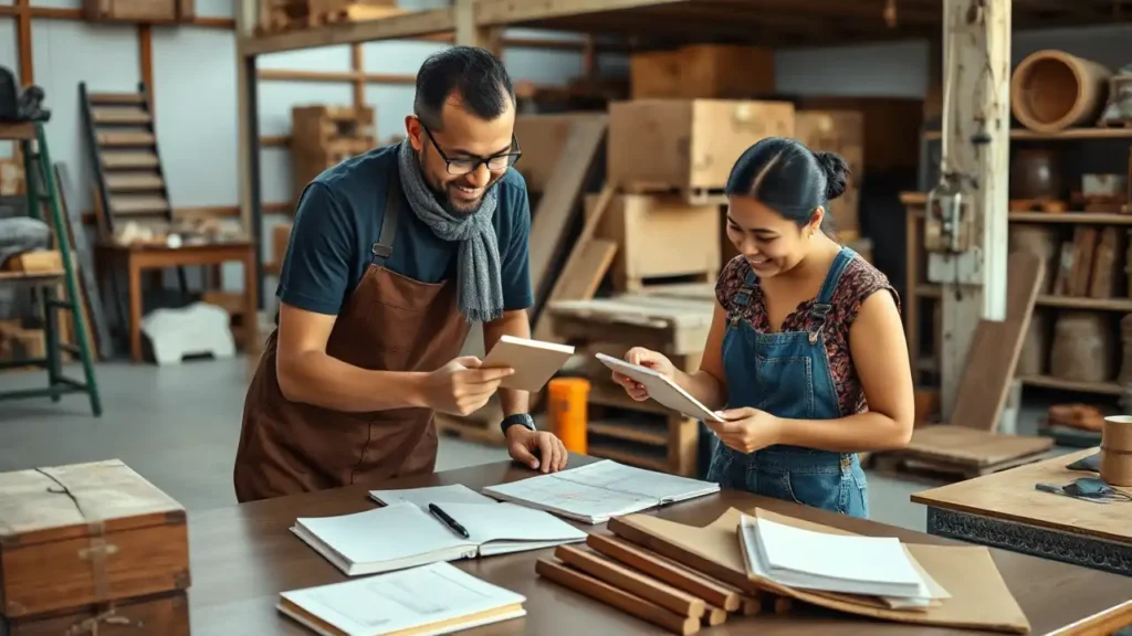 Two employees in a workshop stand at a table and compare documents or order documents while smiling and working together.