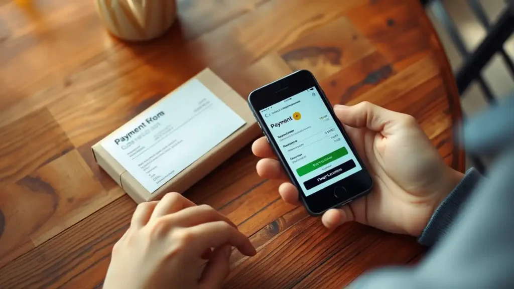Person holds a smartphone with an open online payment page in his hand, next to a package with a payment form on the table.