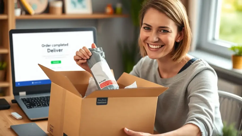 Woman opens a package and holds up an ordered product while successful delivery is displayed on the laptop in the background.