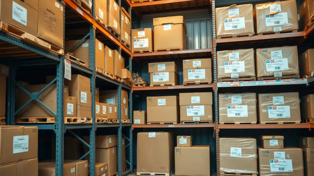 Stacked shipping boxes on pallets in a well-organized warehouse rack.